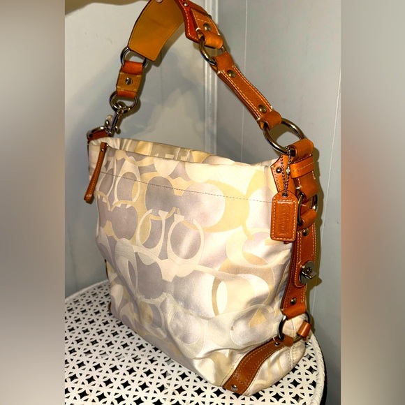 Coach Carly Cream Signature Canvas Tan Leather Hobo Turn Lock Y2K Shoulder Bag - Picture 1 of 7